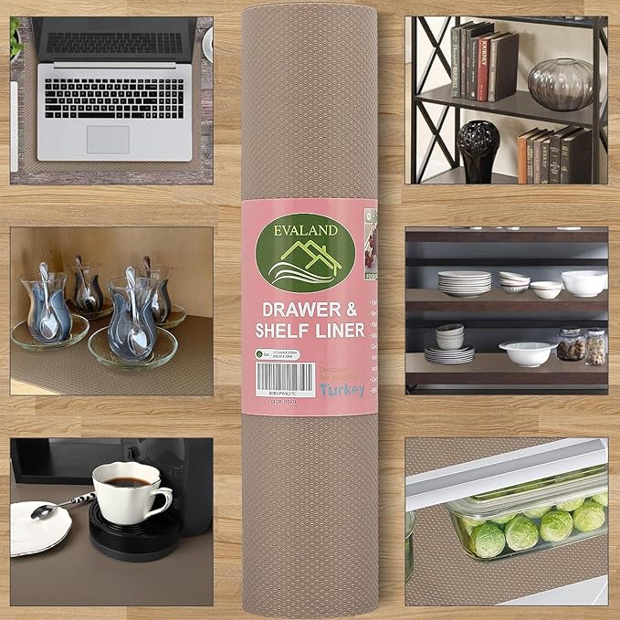 EVALAND 12" x 33 FT Non-Slip Shelf Liner, Non-Adhesive, BPA-Free, Waterproof Pantry Liner for Shelves, Easy to Cut, Oil-Proof Shelf Liners for Kitchen, Cabinets, Drawers, Refrigerator, Beige
