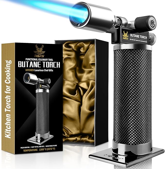 RAVS Refillable Butane Torch, Professional Kitchen Torch Lighter for Creme Brulee, Cooking Torch Gun with Adjustment Flame for Men, Blow Torch for Cooking - No Butane Fuel, Unique Gifts for Dad