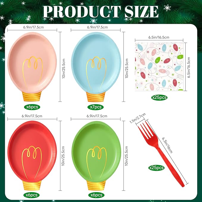 75Pcs Christmas Plates Dinnerware Set Disposable, Heavy Duty Christmas Paper Plates and Napkins with Plastic Forks Party Supplies Serve 25, Light Bulb Design Dinnerware Set for Holiday Home Xmas Party