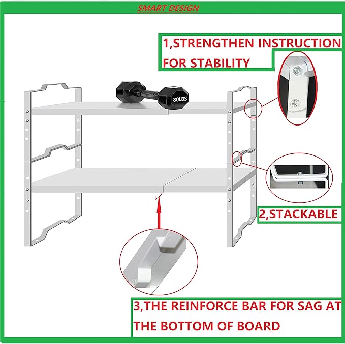 Expandable Shelf for Cabinet Organizer Adjustable Stackable Spice Rack at Kitchen and Bathroom More, Counter Countertop Cupboard Organization Pantry Storage(MEDIUM/1PACK/WHITE)