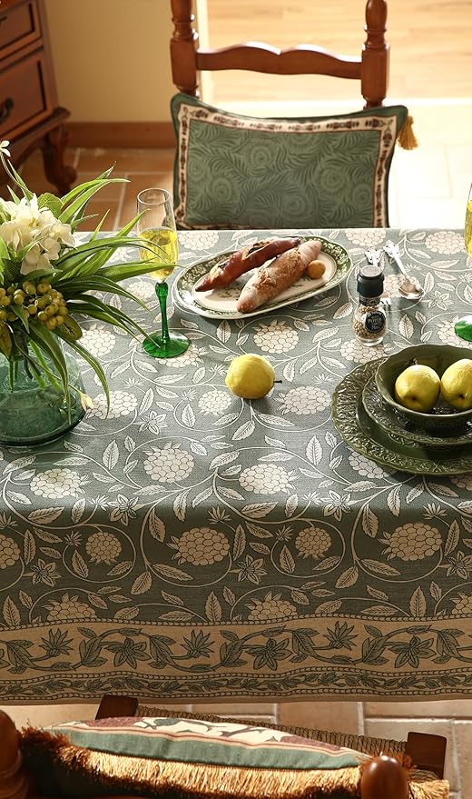 ISAENNE Designer Grayish Green Linen Rectangular Tablecloth,Floral Stain Resistant Table Cloth,Fall Vintage Decor Tablecloths for Dining Thanksgiving Kitchen Party,55"*79"-Andrew A