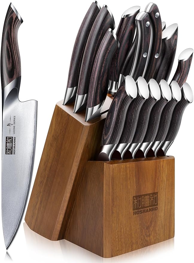 HOSHANHO 16-Piece Knife Set, Japanese High Carbon Stainless Steel Kitchen Knife Set, Ultra Sharp Chef Knife Block Set with Sharpener