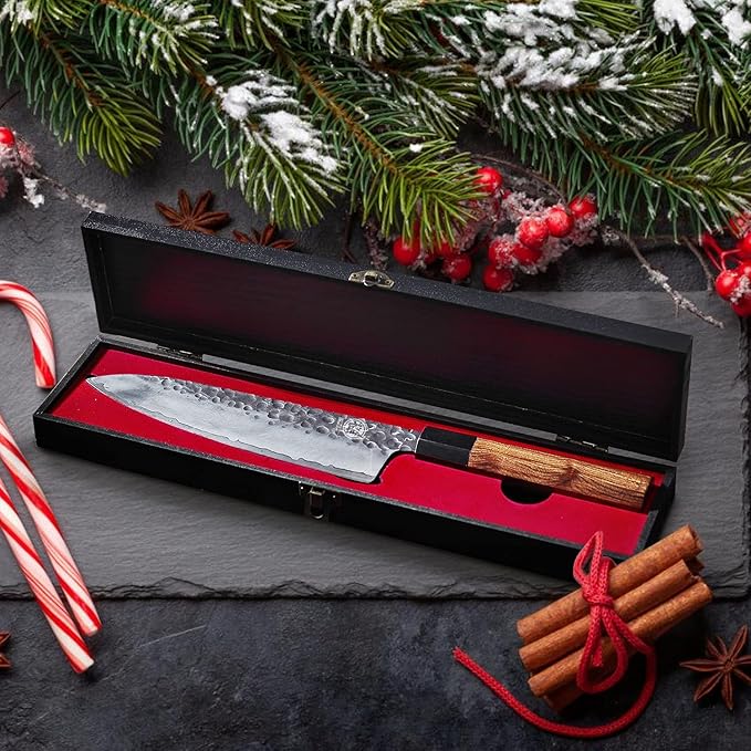 MITSUMOTO SAKARI 8 inch Gyuto Chef Knife, Japanese Hand Forged Kitchen Chef's Knives, 3-Layer 9CR18MOV High Carbon Steel, Rosewood Handle & Sandalwood Box