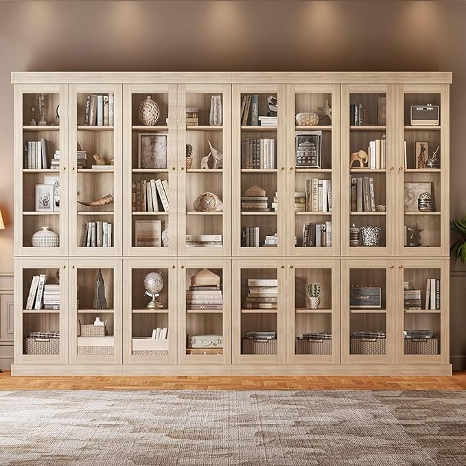 70.8" Tall Brown Bookshelf with Glass Doors, Farmhouse Modular Bookcase with 6-Tier Adjustable Shelves, Large Storage Cabinet for Home Office, Living Room, Set of 2