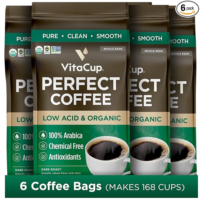 VitaCup Perfect Low Acid Coffee Beans, USDA Organic & Fair Trade, Mycotoxin Free, Dark Roast Guatemala Single Origin, Clean & Pure, Low Acidity, Whole Bean Coffee, 6 bags, 11oz each