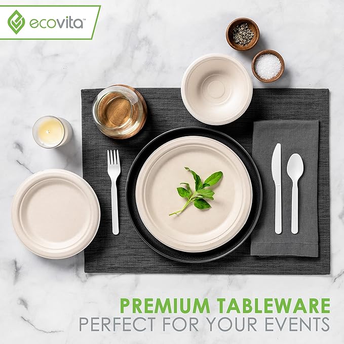 Ecovita 100% Compostable Spoons - 140 Large Disposable Utensils (6.3 in.) Eco Friendly Durable and Heat Resistant Alternative to Plastic Spoons with Convenient Tray