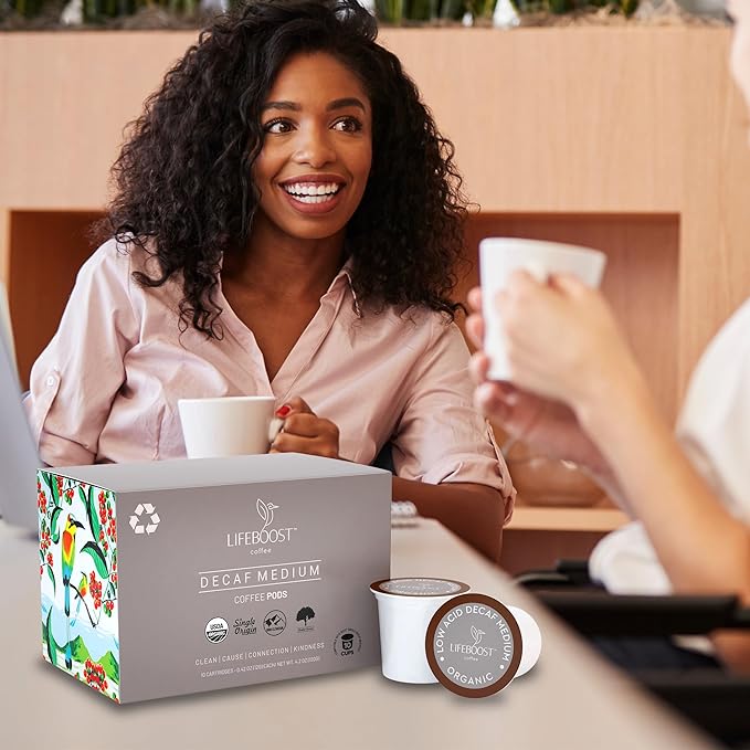 Lifeboost Organic Decaf Coffee K Cups - Low Acid Single Origin Non-GMO Mold Free Decaf Coffee Pods Compatible with Keurig & Keurig 2 - No Mycotoxins or Pesticides - 10 Count