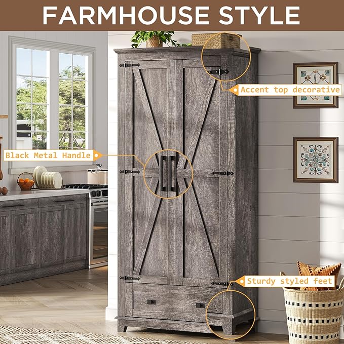Farmhouse Kitchen Pantry Cabinet, 72" Tall Storage Cabinet with Adjustable Shelves & Barn Doors, Freestanding Kitchen Cupboard for Dining Room, Living Room, Gray