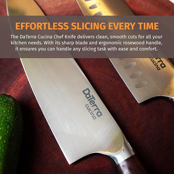DaTerra Cucina - 8 Inch Chef Knife – German Steel Professional Kitchen Knife with Ergonomic Rosewood Handle, Sharp, Durable, Easy to Clean | Ideal for Chopping, Slicing & Dicing