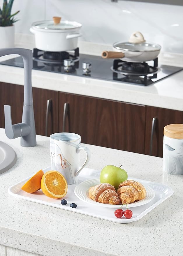 Blue Boat 17" x 12" Rectangular Serving Trays Set Set of 4 White, Melamine Serving Platter, Light Weight Easy to Clean Sturdy Stackable BPA-Free Dishwasher Safe