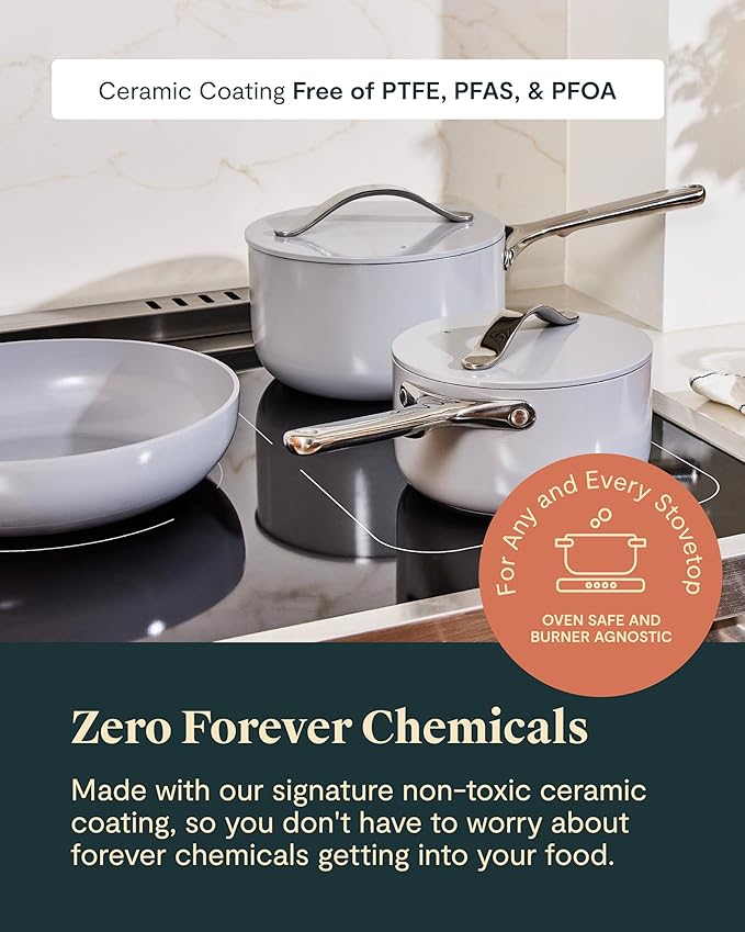 Caraway Deluxe Non-stick Ceramic Cookware Set (16 Piece) Pots, Frying Pans, Lids and Kitchen Storage - PFAS & PFOA Free - Oven Safe Pan Set & Compatible with All Stovetops - Cream