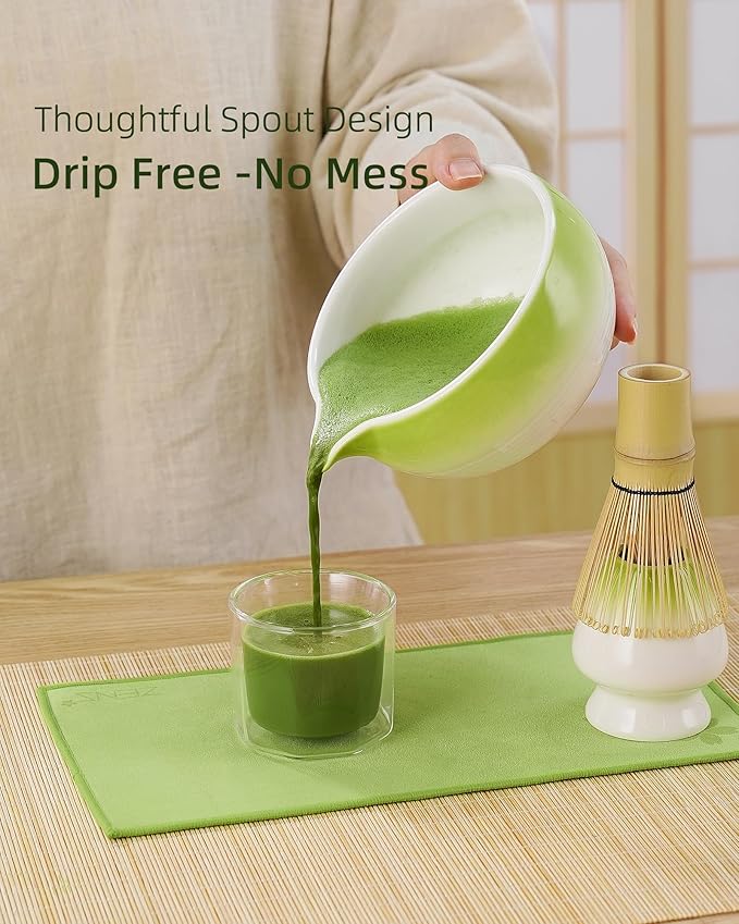 ZENS Matcha Whisk Set, 6pcs Matcha Kit Includes Ceramic Bowl, Handcrafted Bamboo Whisk and Chasen Holder, Scoop, 304 Sifter & Tea Mat，Matcha Set for Tea Ceremony,Latte Making, Green