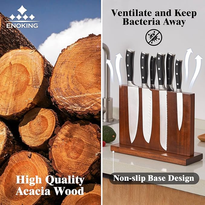 ENOKING Magnetic Knife Block 12.5 x 9 Inches, Double Side Magnetic Knife Holder Built in Three Powerful Magnets Strip, Acacia Wood Universal Knife Storage Organizer for Kitchen Counter