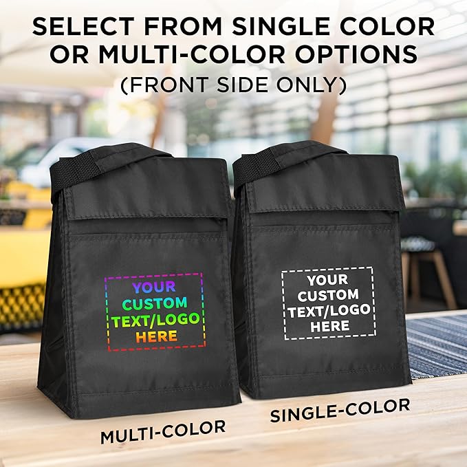DISCOUNT PROMOS 50 Hook and Loop Insulated Lunch Bags Set - Customizable Text, Logo - Polyester, Durable, Vibrant, Reusable - Black