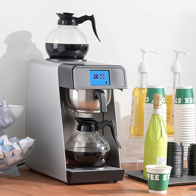 12-Cup Commercial Drip Coffee Maker 1.8L Auto Filling Pour Over Coffee Machine with 2 Glass Carafes, 2 Warmers, LCD Panel, Automatic Stainless Steel Coffee Brewer for Cofe Bar and Restaurant