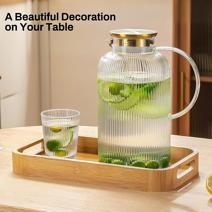 Glass Pitcher with Lid, 100 oz/ 3 Liter Classic Vertical Stripes Water Pitcher,Glass Water Carafe for Cold Brew, Coffee, Lemonade, Iced Sun Tea,Beverage, Milk, Heat Resistant
