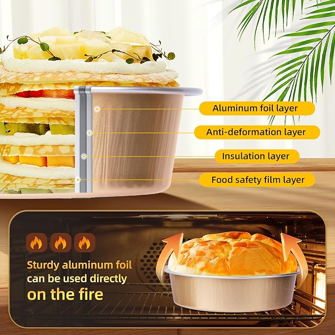 Beasea Mini Ramekins with Lids, 120 Pack 4 Inch 8oz Disposable Creme Brulee Tart Pie Tins Rose Gold Small Aluminum Foil Cake Baking Tins Pans Individual Round Containers Oven Safe for Baking