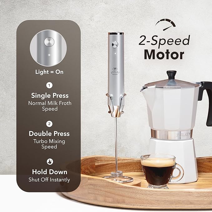 Zulay Kitchen Lux Rechargeable Milk Frother Handheld, 4 Included Whisks - Powerful 2-Speed Motor, Fully Waterproof, 2000mAh Battery - Drink Mixer For Latte, Cappuccino, Matcha, Protein Powder
