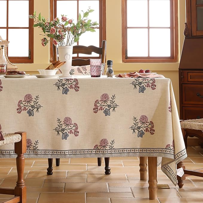 ISAENNE Designer Linen Light Beige Small Rectangle Tablecloth,French Colorful Floral Table Cloth,Stain Resistant Decor Tablecloths for Dining Thanksgiving Christmas Kitchen,55"*71"-Helena E