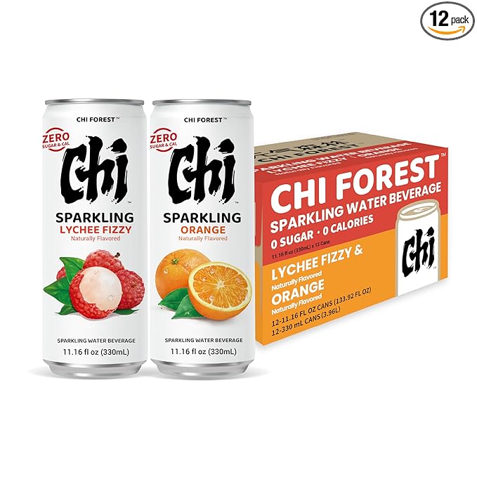 CHI FOREST Sparkling Water Beverage, Lychee & Orange drinks, Zero Sugar or Artificial Flavor, 11.16 fl oz Cans (Pack of 12)