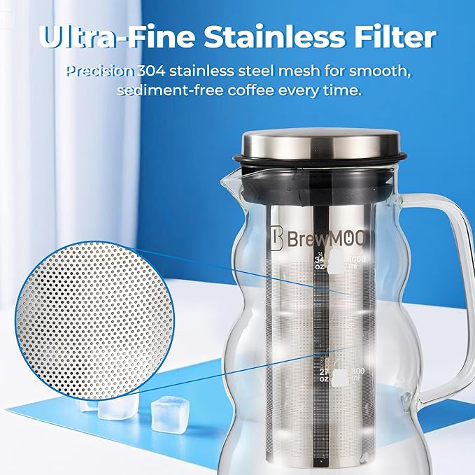 Cold Brew Coffee Pitcher (1.0L/34oz) - Elegant Sleek Wave Borosilicate Glass Pitcher with 100um 304 Stainless Steel Filter & Airtight Lid, Efforless Mannual for Beginner, Sophisticated Gift