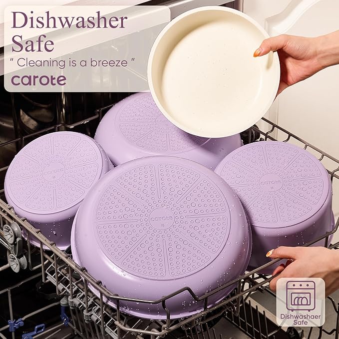 CAROTE Pots and Pans Set Non Stick, Cookware Sets, 19pcs Kitchen Set, Oven/Fridge Safe, Space Saving Pots Set, Nonstick Set with Versatile Removable/Detachable Handle, Induction RV Set, Purple