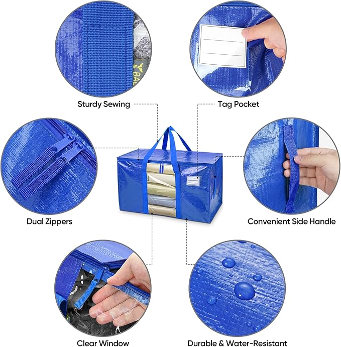 BALEINE 8-Pack Oversized Moving Bags with Reinforced Handles, Heavy-Duty Storage Tote Moving Supplies for Packaging, Camping (Blue w/Window, 8-Pack)