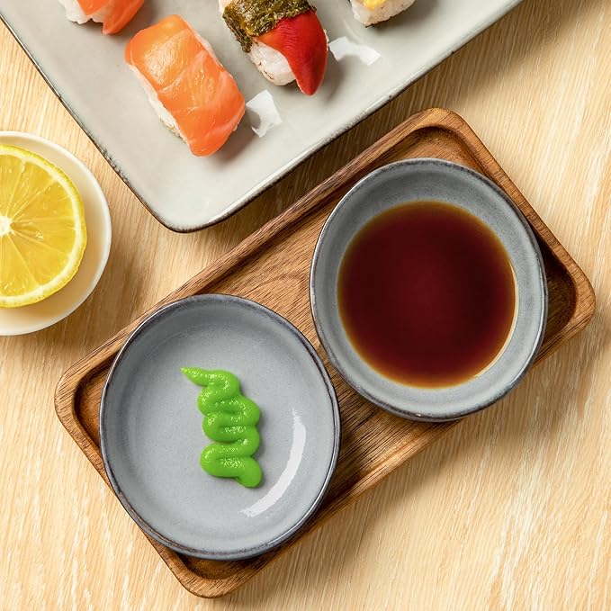famiware Ocean Soy Sauce Dishes of 6, Oval Dipping Sauce Cups/Bowls/Dishes for Kitchen, 2.1oz Ceramic Small Bowls for Side Dish, Appetizers, Snacks, and Sushi, Reactive Glaze, Dishwasher Safe, Grey