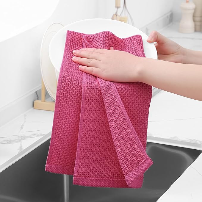 Homaxy 100% Cotton Waffle Weave Kitchen Dish Towels, Ultra Soft Absorbent Quick Drying Cleaning Towel, 13 x 28 Inches, 4-Pack, Hot Pink