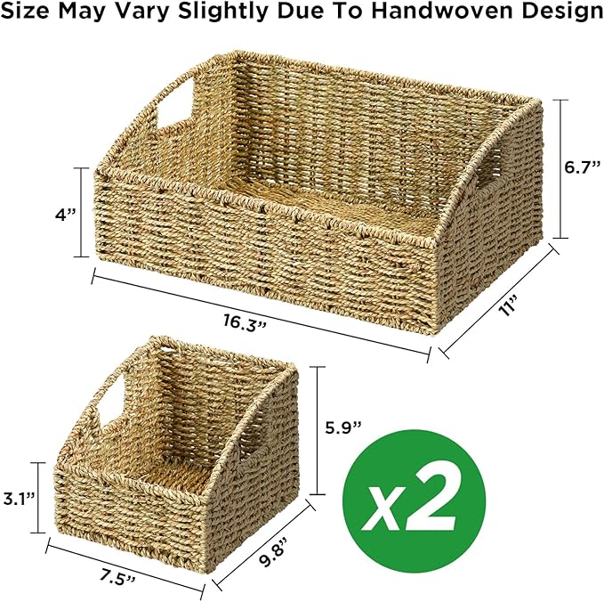 Ollieroo Natural Seagrass Storage Baskets, Handwoven Wicker Storage Bins with Built-in Handles, Storage Container Baskets for Shelves, Bedroom, Bathroom, Laundry Room or Kitchen(Green)