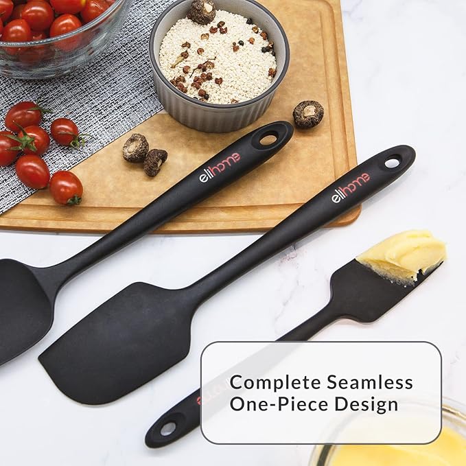 Elihome Chef Series 3 Piece Silicone Spatula Set - 600°F Heat Resistant Non Stick Rubber Kitchen Scraper Spatulas for Cooking, Baking, Mixing – BPA Free and LFGB Certified Silicone(Black)
