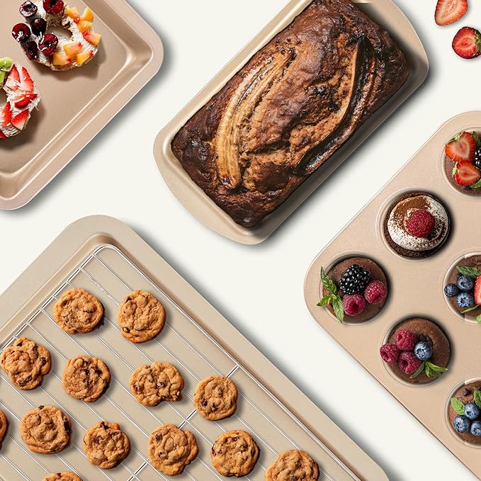 KITESSENSU Baking Pans Sets, Nonstick Bakeware Set 7-Piece with Round/Square Cake Pan, Loaf Pan, Muffin Pan, Cookie Sheet, Roast Pan, Cooling Rack & Silicone Oven Mitts, Carbon Steel Bake Set,Gold