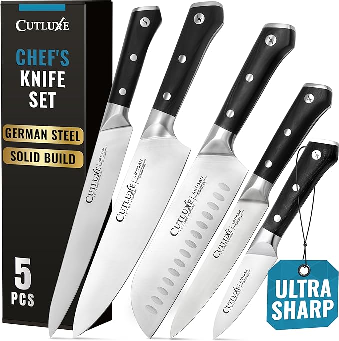 Cutluxe Kitchen Knives, 5 Pcs Chef's Knife Set – Razor Sharp German Steel, Full Tang, Ergonomic Handles – Artisan Series