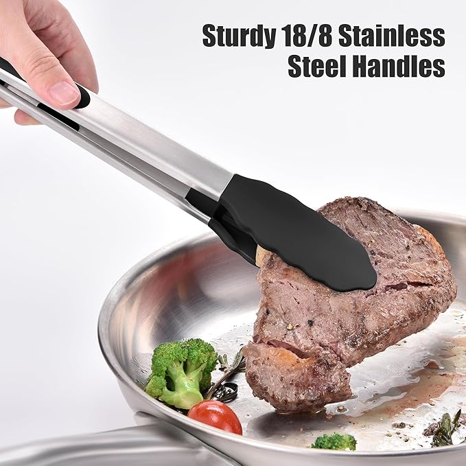 Doosu Kitchen Tongs for Cooking - 600°F Heat Resistant Food Tong Set with Non-Scratch Silicone Tips, Heavy Duty Stainless Steel Locking Tong for BBQ, Grilling Steak, Serving Salad (7+9+12in, Black)