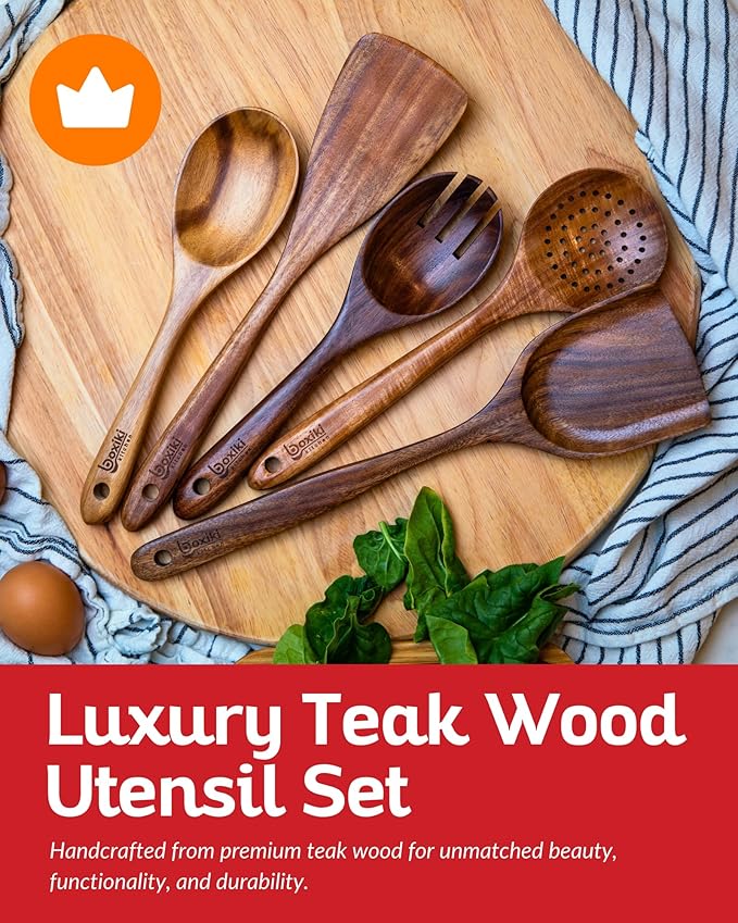 Boxiki Kitchen Luxury Teak Wood Utensil Set - Elegant 6-Piece Cooking Ensemble Including Spoons, Server, Scraper & Spatula - Expertly Crafted for Culinary Excellence