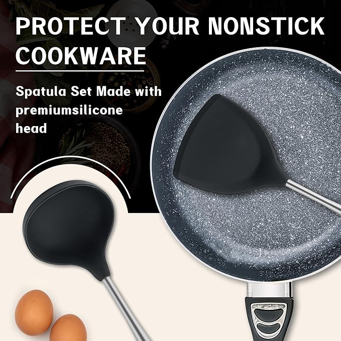 FJNATINH Silicone Wok Spatula and Ladle Set - Stainless Steel Wok Tools, Wok Utensil,Non Stick Heat-Resistant Cooking Utensils BPA Free Kitchen Utensils Cookware (Black Stainless Steel-2PCS)