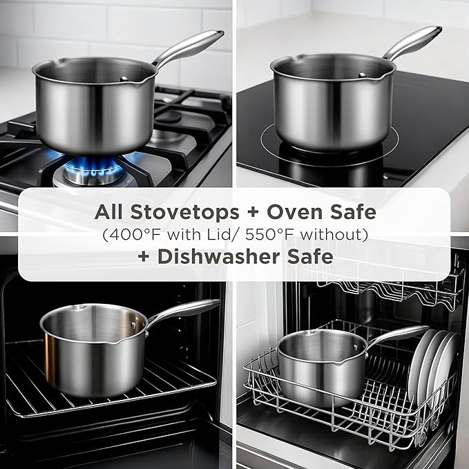 Tri-Ply Stainless Steel Sauce Pan with Steamer Basket & Straining Glass Lid— 2-in-1 Multi-Function Pot for Steaming, Boiling & Simmering — Healthy, Durable, Rust-Resistant, Professional-Grade Cookware