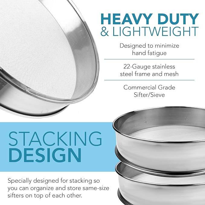 Stainless Steel Flour Sifter Fine Mesh Round Flour Sieve for Baking 8" Diameter x 2.5" High; 50 Mesh (Hole Size 0.3mm)