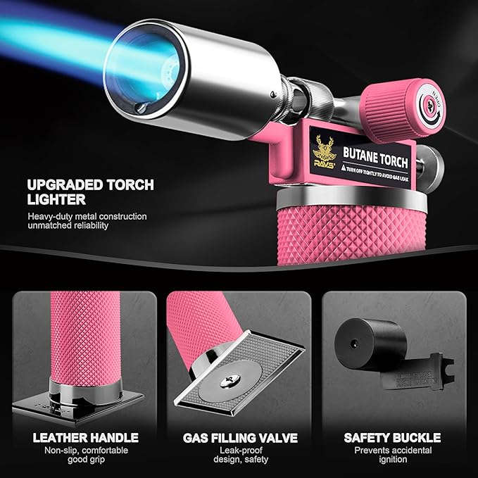 RAVS Butane Torch, Kitchen Torch Lighter for Creme Brulee with Adjustable Flame, Cooking Torch for Baking, BBQ, Desserts, Metal Mini Torch with Safety Buckle, Pink (Butane Not Included)