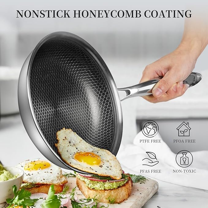 Innerwell Tri-Ply Stainless Steel Frying Pan Set with Lid,9.5Inch 11Inch Nonstick Honeycomb Stainless Steel Cooking Pan Set of 2 Skillet Works Pan for Cooking with Induction Gas Stovetops