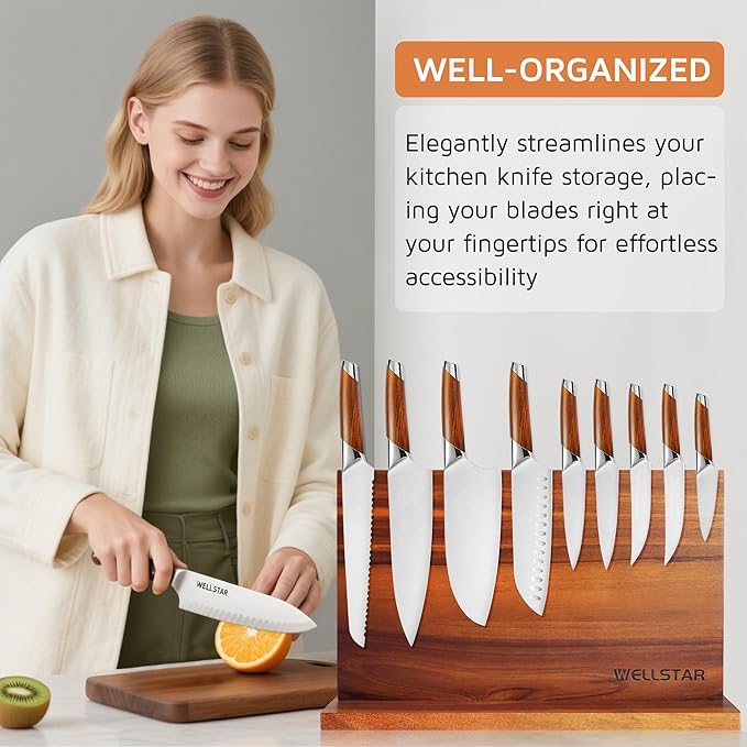 Modern Acacia Magnetic Knife Block Holder 16 x 10 Inches, Extra Large Dual-Sided Strong Magnet Wood knives Stand, Luxurious Kitchen Counter Rack Organizer for a Stable and Stylish Cutlery Display