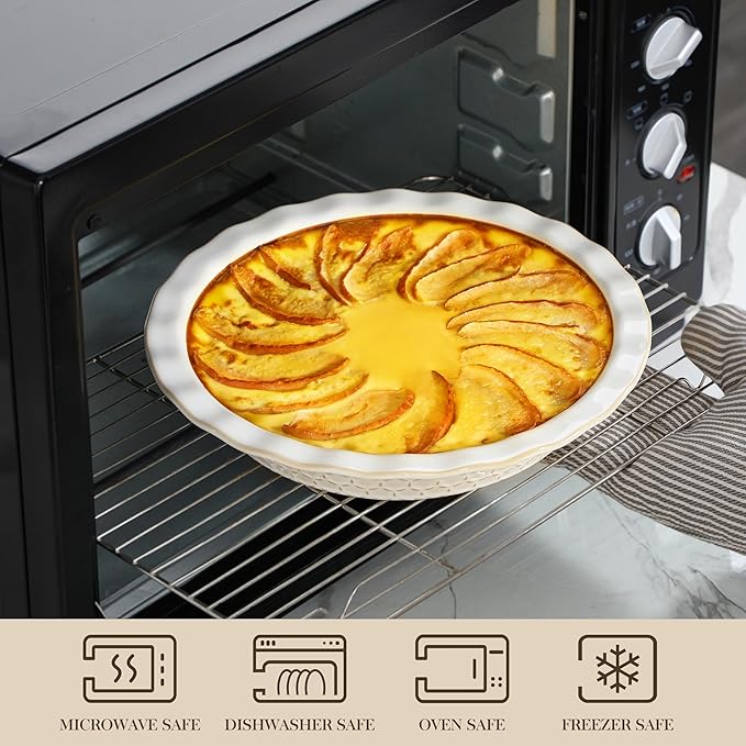 MALACASA Pie Dish for Baking, Stoneware Pie Pan 9 Inch, Embossed Deep Dish Pie Pans, 45 OZ Round Baking Dish Pie Pan, Fluted Dish Pie Plate for Apple Pie, Quiche and Tart, Set of 1, Series LYDIA