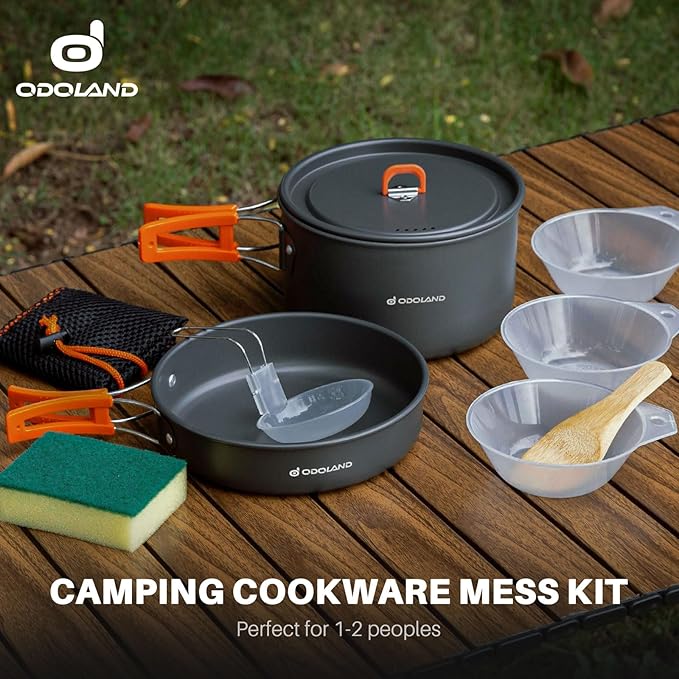 Odoland 9pcs Camping Cookware Non-Stick Lightweight Pots and Pans Set with Plastic Bowls Soup Spoon for Backpacking, Outdoor Cooking and Picnic