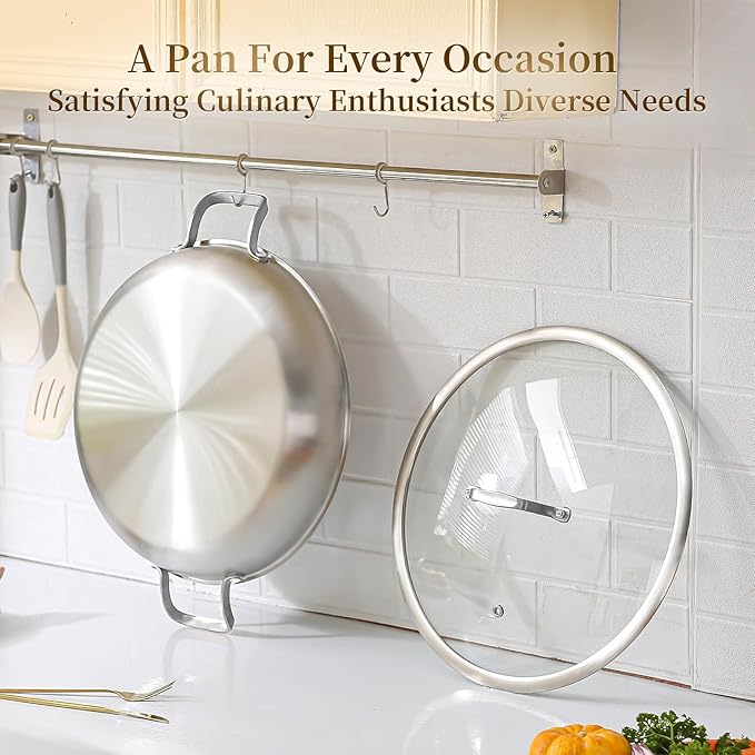 DELARLO Paella Pan 14 Inch Tri-Ply Stainless Steel Paella Pan with Lid, Jumbo Frying Pan, kitchen Induction Large Skillets,Great for Paella Parties Indoors Outdoors,Heavy Duty Style
