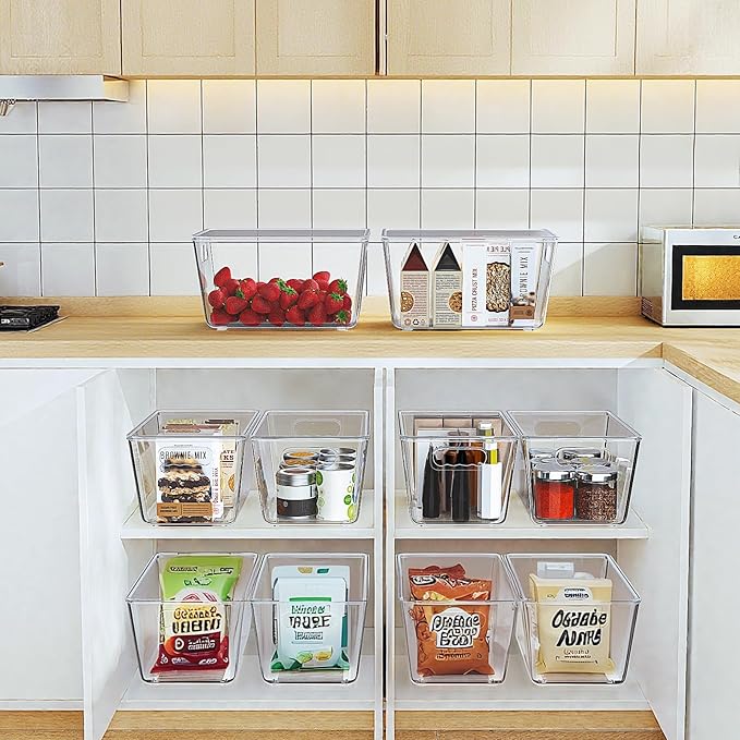 Clear Plastic Storage Bins, Pantry Organizers & Storage Containers, Cabinet Organizer, Home Organization Must Haves for Kitchen, Laundry Room, Office, Closet & Freezer (4 Pack with Lids)