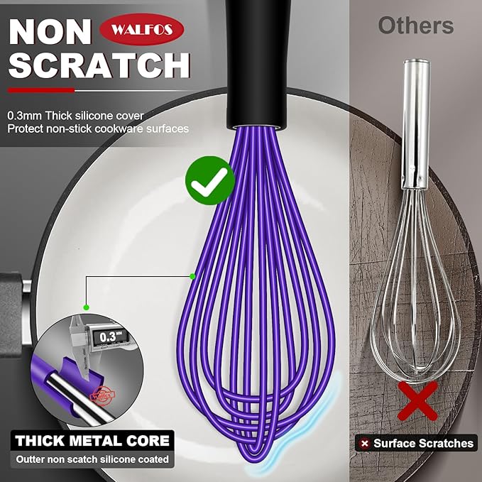 Walfos Whisk,7+9+11in Silicone whisk, BPA free Whisks for Cooking Non Scratch. Heat Resistant(480°F) Wisk. Perfect for Blending, Mixing, Beating etc.Dishwasher Safe.Set of 3 (Colorful)