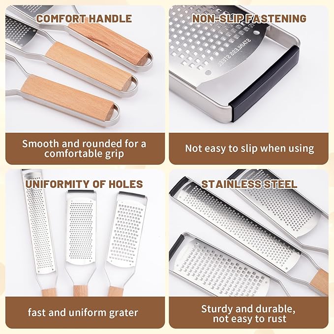 SHIKORI Professional Cheese Graters for Kitchen Stainless Steel Handheld, Metal Lemon Zester Grater With Wood Handle For Cheese, Chocolate, Spices, Kitchen Gadgets And Tools-Square Hole