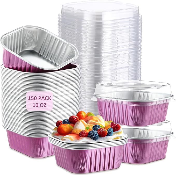 Aoriher 150 Pieces 10 oz Mini Cake Pans with Lids Aluminum Foil Baking Cups Square Disposable 4" x 4" Large Cupcake Cups Baking Tins for Kitchen Brownie Pudding Desserts Holders(Rose Red)