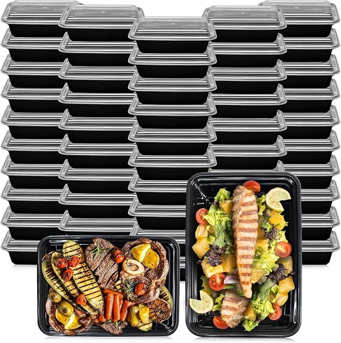 Klex 32 Oz, 50 Sets Meal Prep Containers with Airtight Lids, BPA Free, Reusable Plastic Food Container, 32 oz, Rectangular, Black/Clear, 50 Sets
