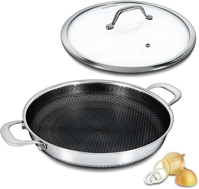 Hybrid Nonstick Skillet with Lid 12 Inch, Stainless Steel Paella Pan with Two Handles Multi-Functional Pan Dishwasher and Oven Safe